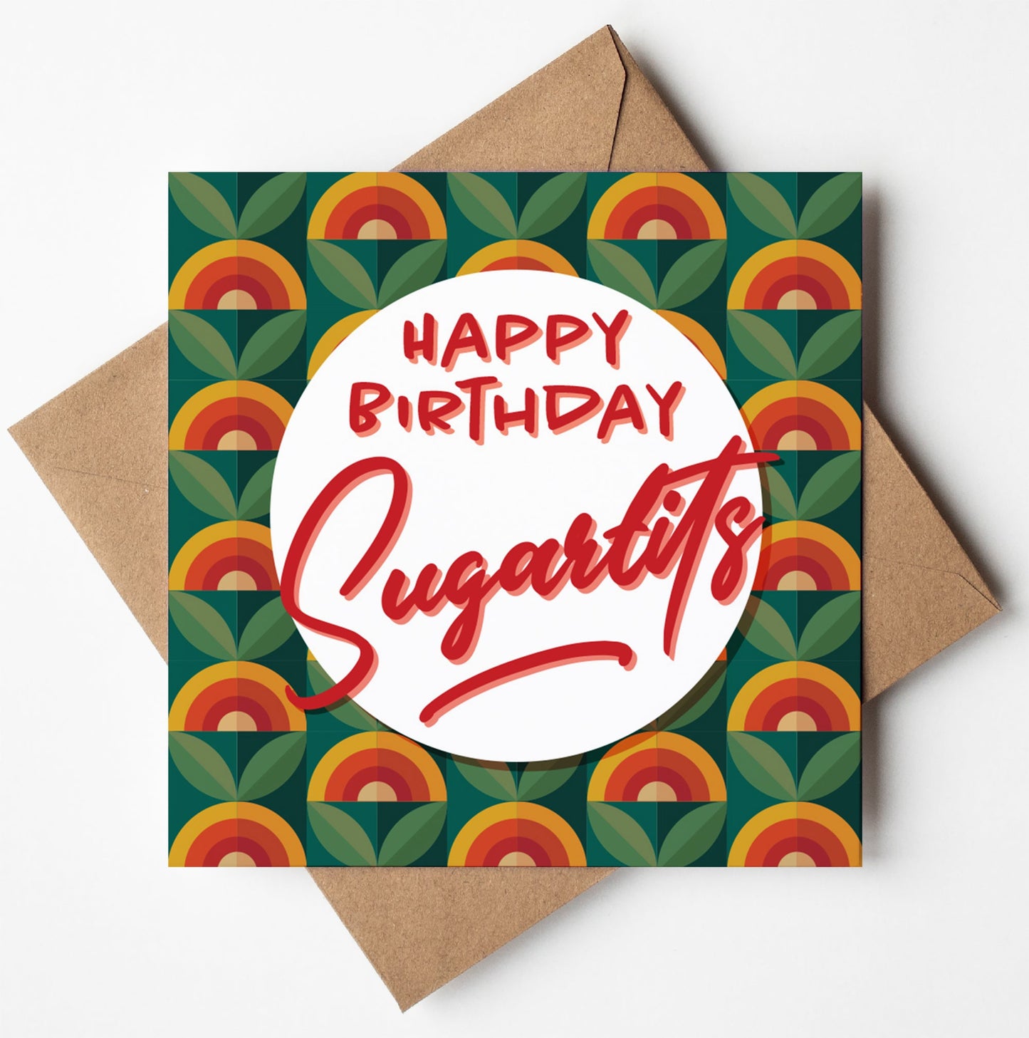 A humorous retro birthday card titled "Happy Birthday Sugartits" showcases a vibrant geometric design in green, yellow, and red, with bold red cursive text. It comes with a kraft paper envelope and offers the option for worldwide shipping.