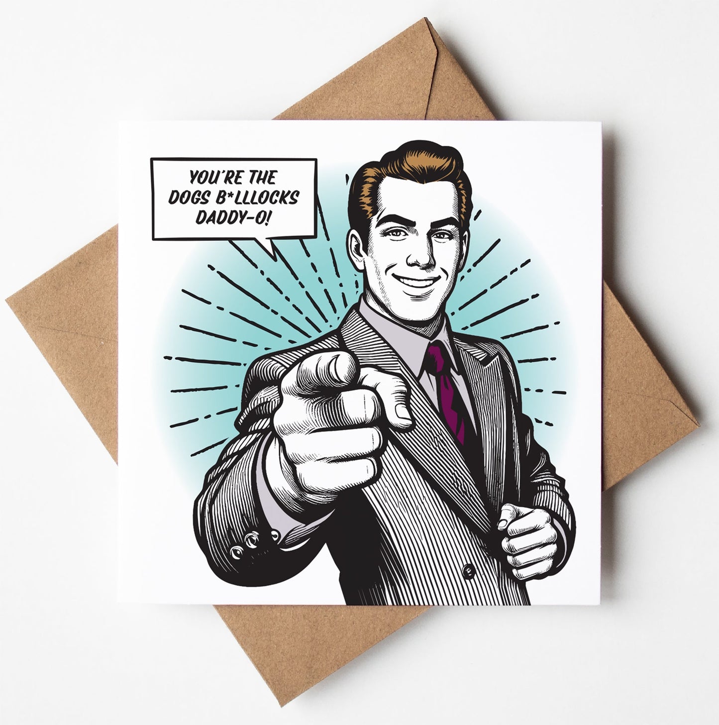 The "You're The Dogs B*llocks Daddy-o! Funny Vintage-inspired Father's Day Card" features a retro man in a suit, includes brown envelope, and ships worldwide.