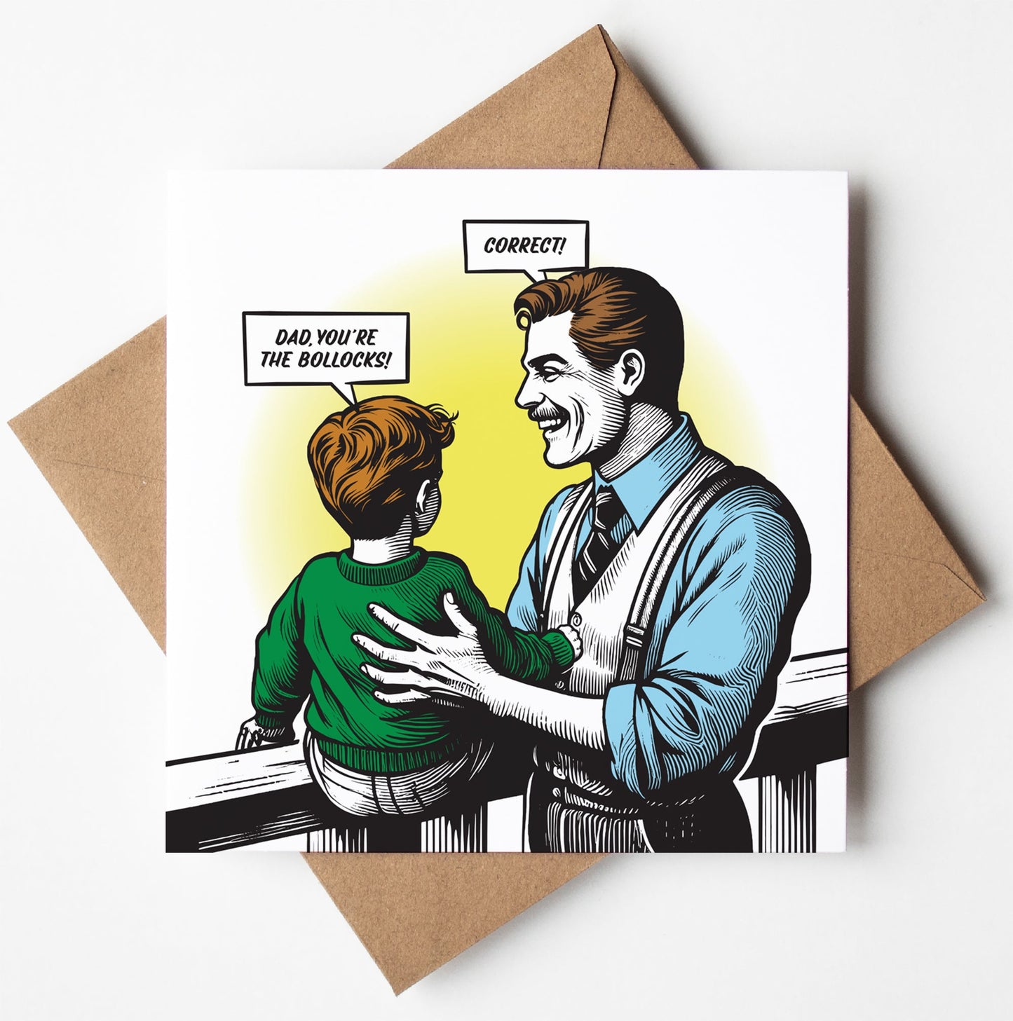The "Dad, You're the Bollocks! Correct!" Funny Father's Day Card features a retro-style illustration of a smiling man and boy with the cheeky message—perfect for Father's Day or birthdays.