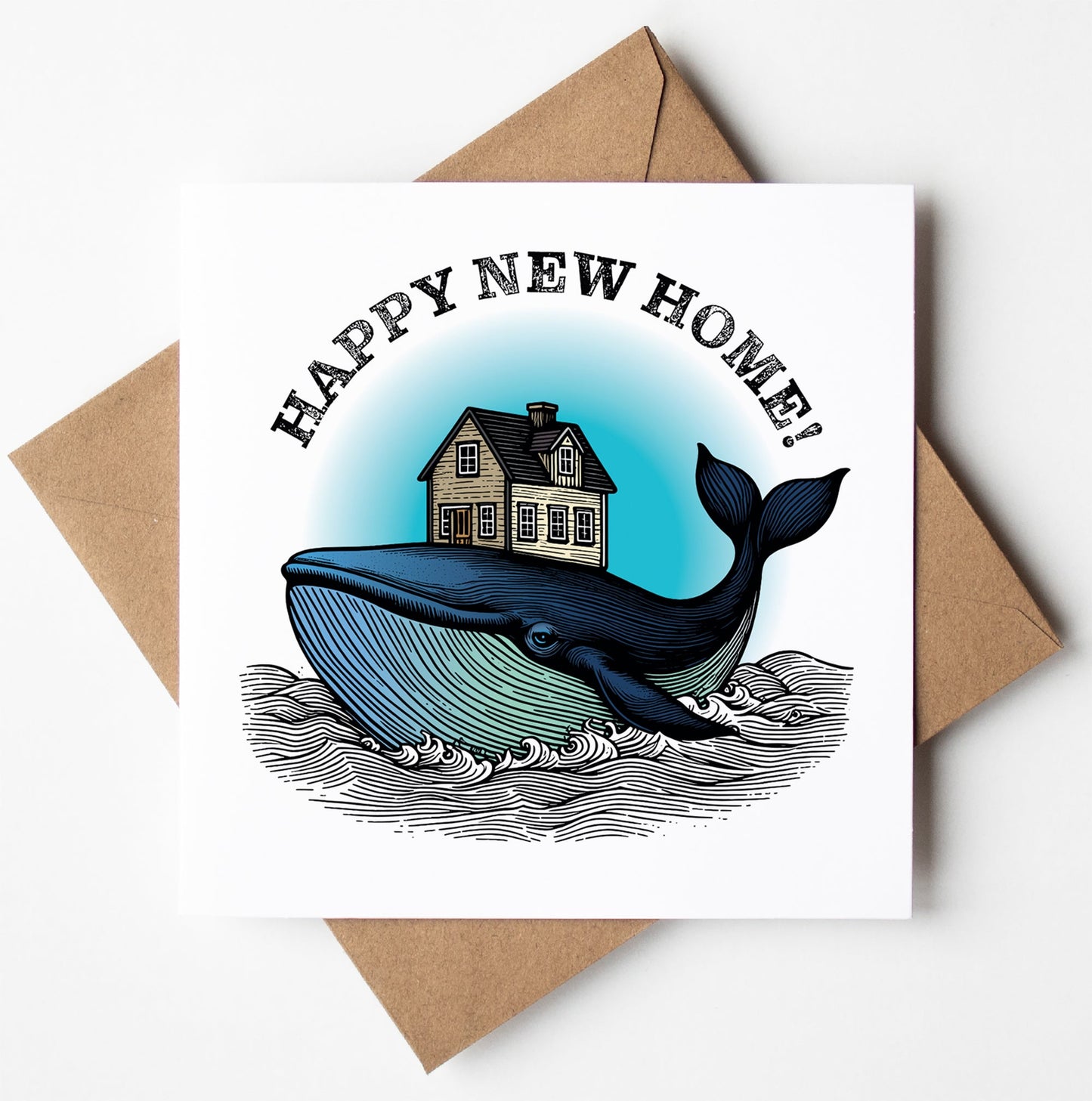 Illustrated greeting card depicting a large blue whale carrying a house on its back amidst waves, set against a gradient blue circle. Titled "Happy New Home! Whale Card," it features the text "HAPPY NEW HOME!" and is packaged in a biodegradable bag with a brown envelope, available for worldwide shipping.