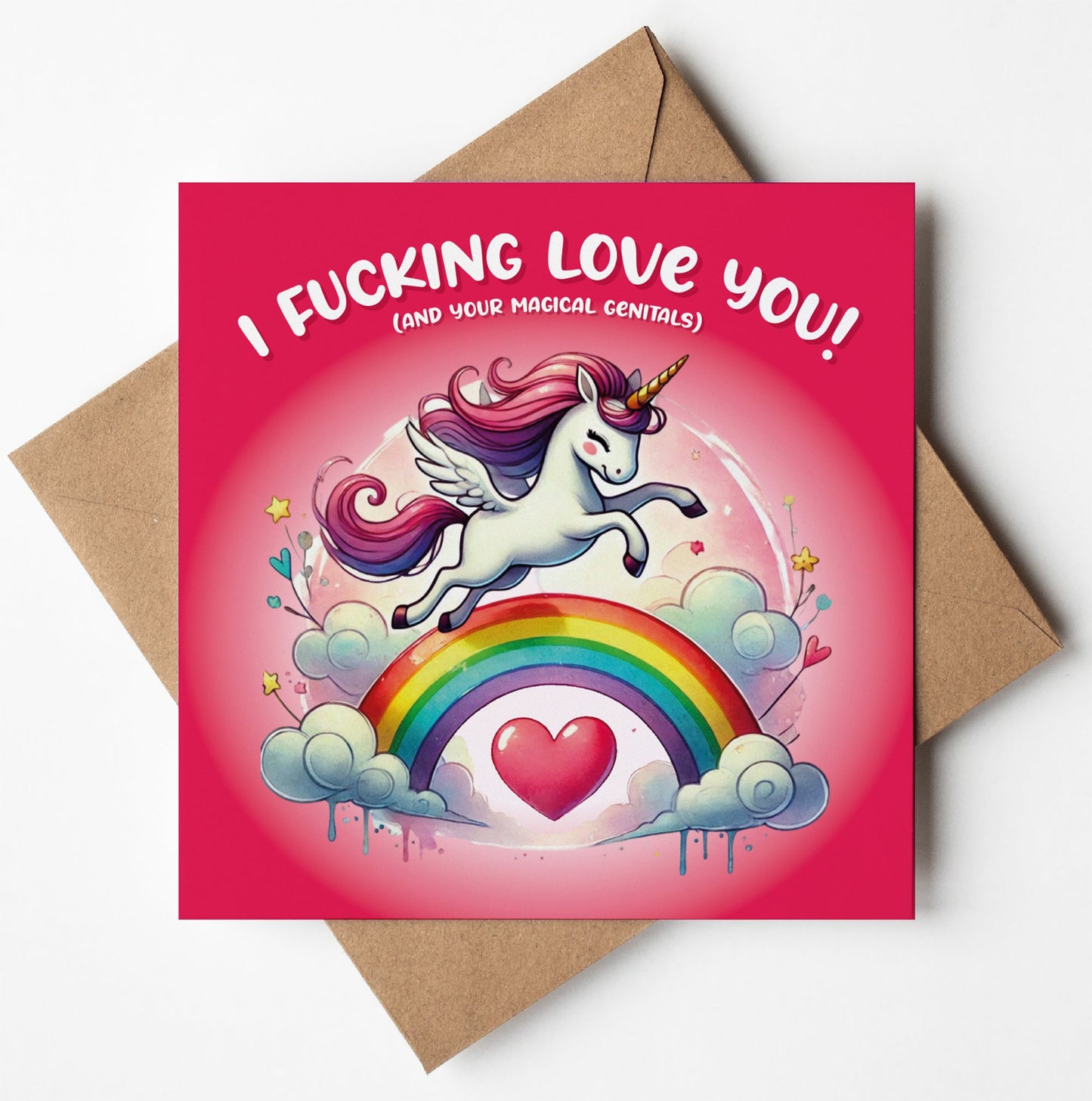 The "I Fucking Love You! And Your Magical Genitals Cute Unicorn Card" features a unicorn flying over a rainbow with bold text on a red background, making it the perfect humorous anniversary card for your special someone, complete with a brown envelope.