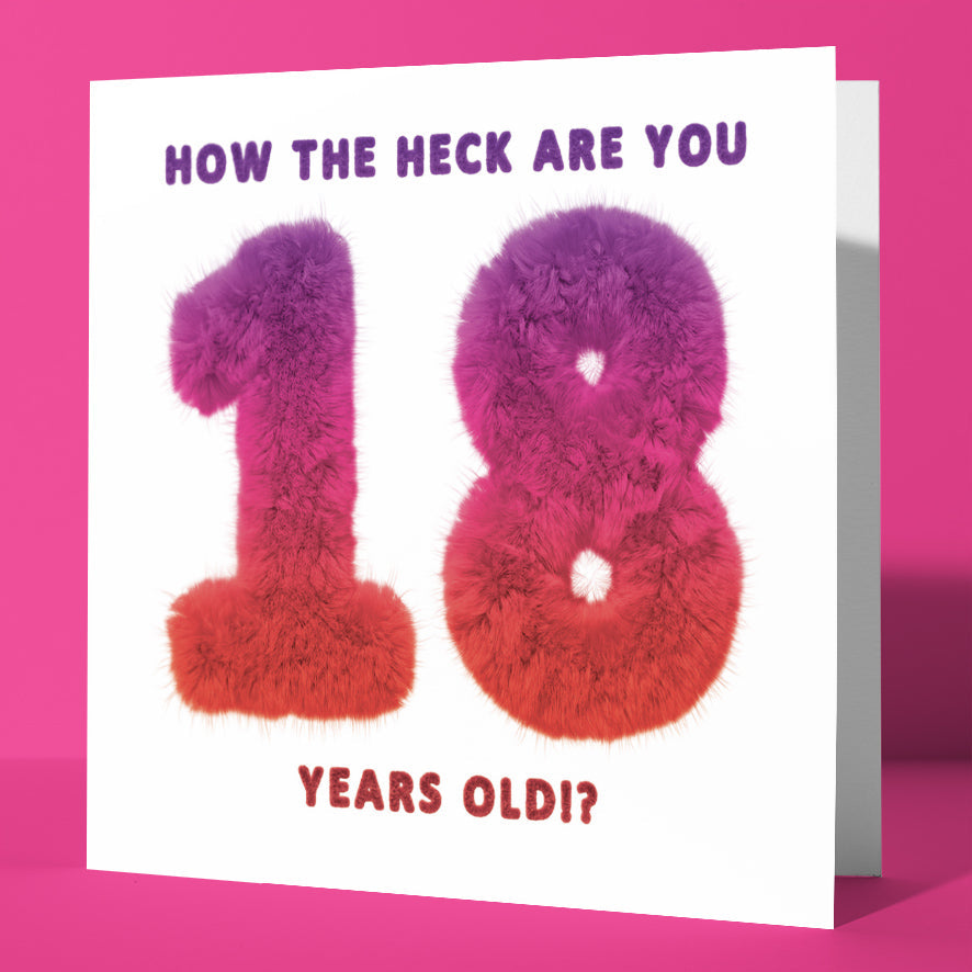White birthday card with fluffy numbers '18' and text on a pink background
