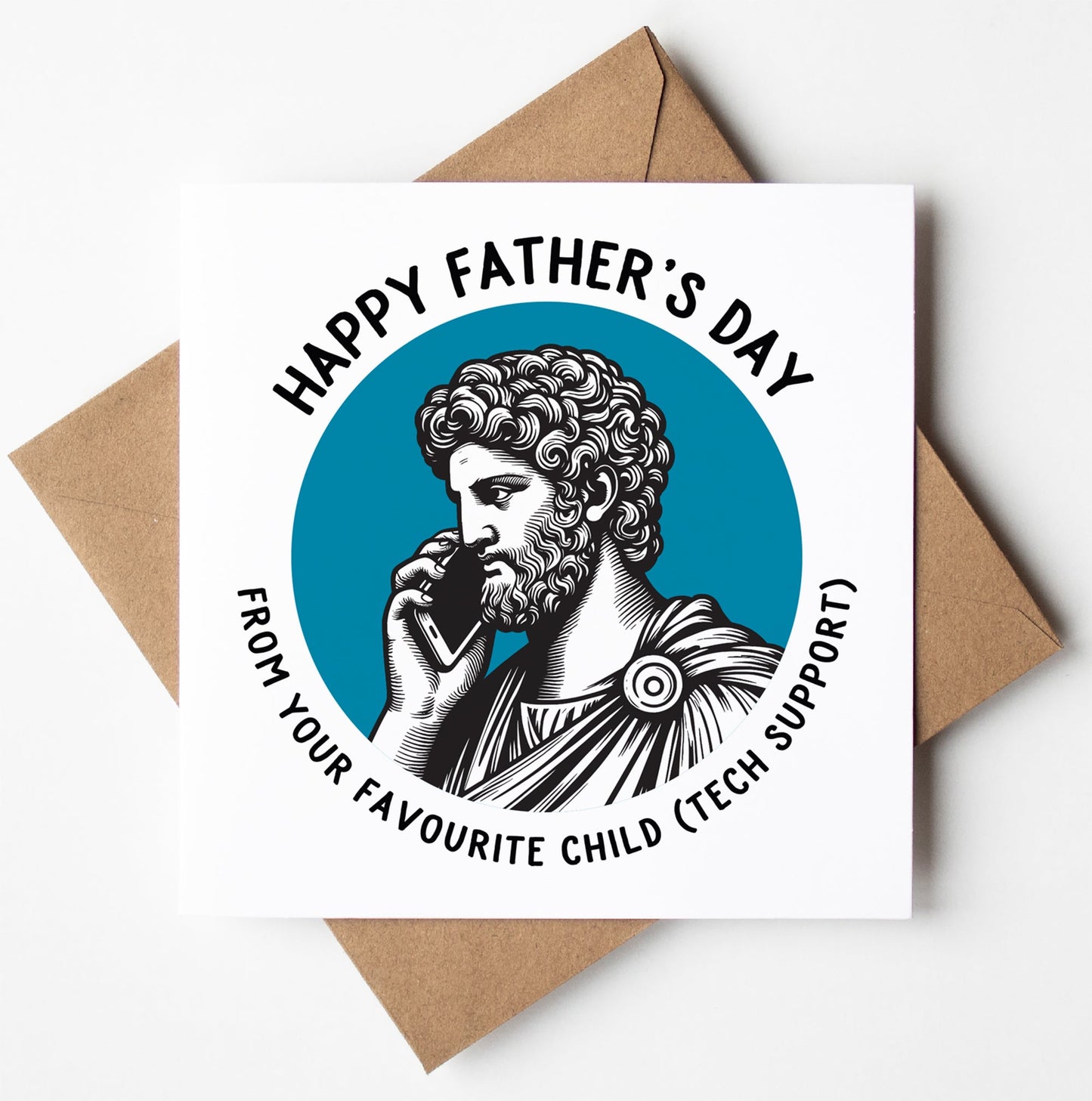 The "Happy Father's Day. From Your Favourite Child (Tech Support) Statue Dude Card" features a Roman statue holding a smartphone, with the message: "Happy Father's Day from your favourite child (tech support)." Worldwide shipping available.