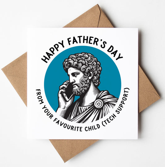 The "Happy Father's Day. From Your Favourite Child (Tech Support) Statue Dude Card" features a Roman statue holding a smartphone, with the message: "Happy Father's Day from your favourite child (tech support)." Worldwide shipping available.