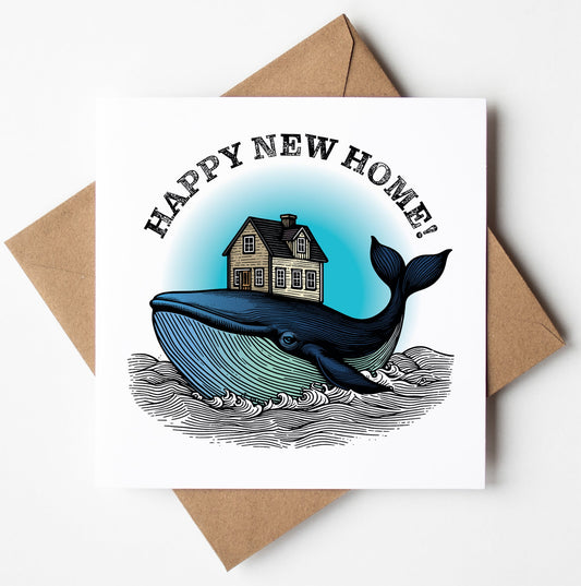 Illustrated greeting card depicting a large blue whale carrying a house on its back amidst waves, set against a gradient blue circle. Titled "Happy New Home! Whale Card," it features the text "HAPPY NEW HOME!" and is packaged in a biodegradable bag with a brown envelope, available for worldwide shipping.