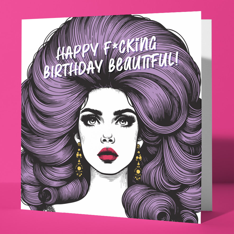 Illustration of a glamorous woman with bold makeup and purple hair on a pink background. The "Happy F*cking Birthday Beautiful! Vintage Babes Birthday Card" is a funny, retro-inspired birthday card for your best friend.