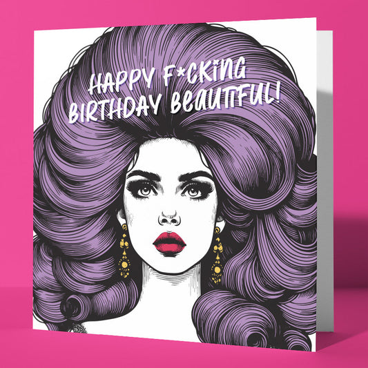 Illustration of a glamorous woman with bold makeup and purple hair on a pink background. The "Happy F*cking Birthday Beautiful! Vintage Babes Birthday Card" is a funny, retro-inspired birthday card for your best friend.