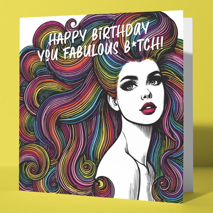 The "Happy Birthday You Fabulous B*tch! Vintage Babes Birthday Card" features a woman with colorful, swirling hair and bold text on a yellow background—a playful, vintage-inspired way to celebrate her special day.