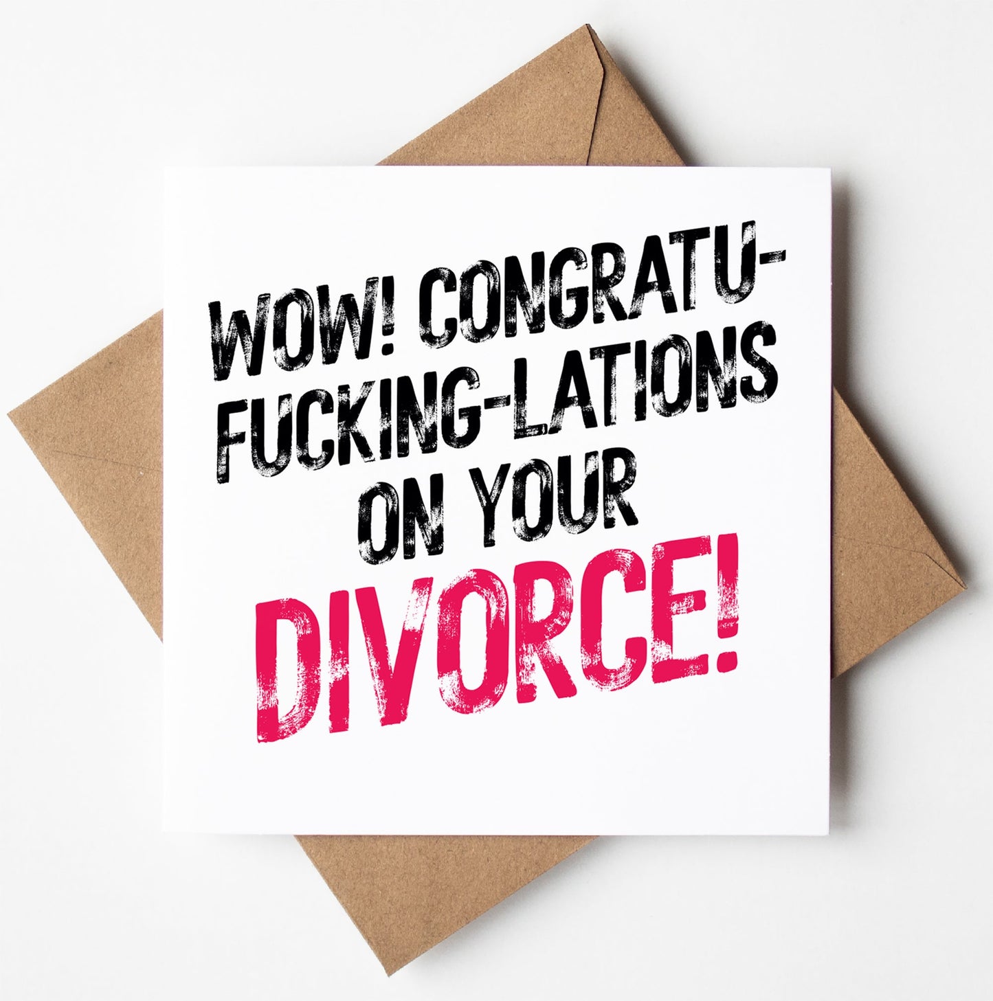 The "Congratu-fucking-lations On Your Divorce! Harlem Card" features a bold square design with "WOW! CONGRATU-FUCKING-LATIONS ON YOUR DIVORCE!" on a brown envelope, highlighting "DIVORCE!" in pink, all set against a white surface.