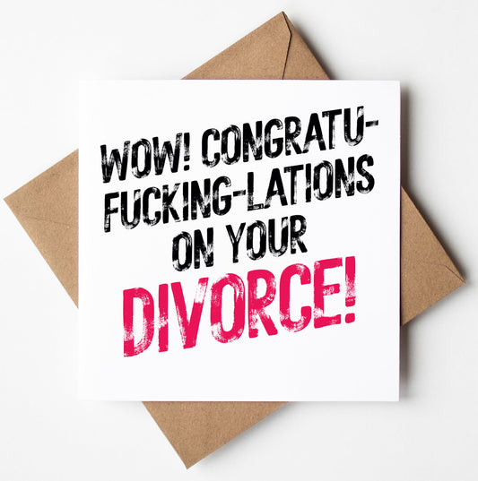 The "Congratu-fucking-lations On Your Divorce! Harlem Card" features a bold square design with "WOW! CONGRATU-FUCKING-LATIONS ON YOUR DIVORCE!" on a brown envelope, highlighting "DIVORCE!" in pink, all set against a white surface.