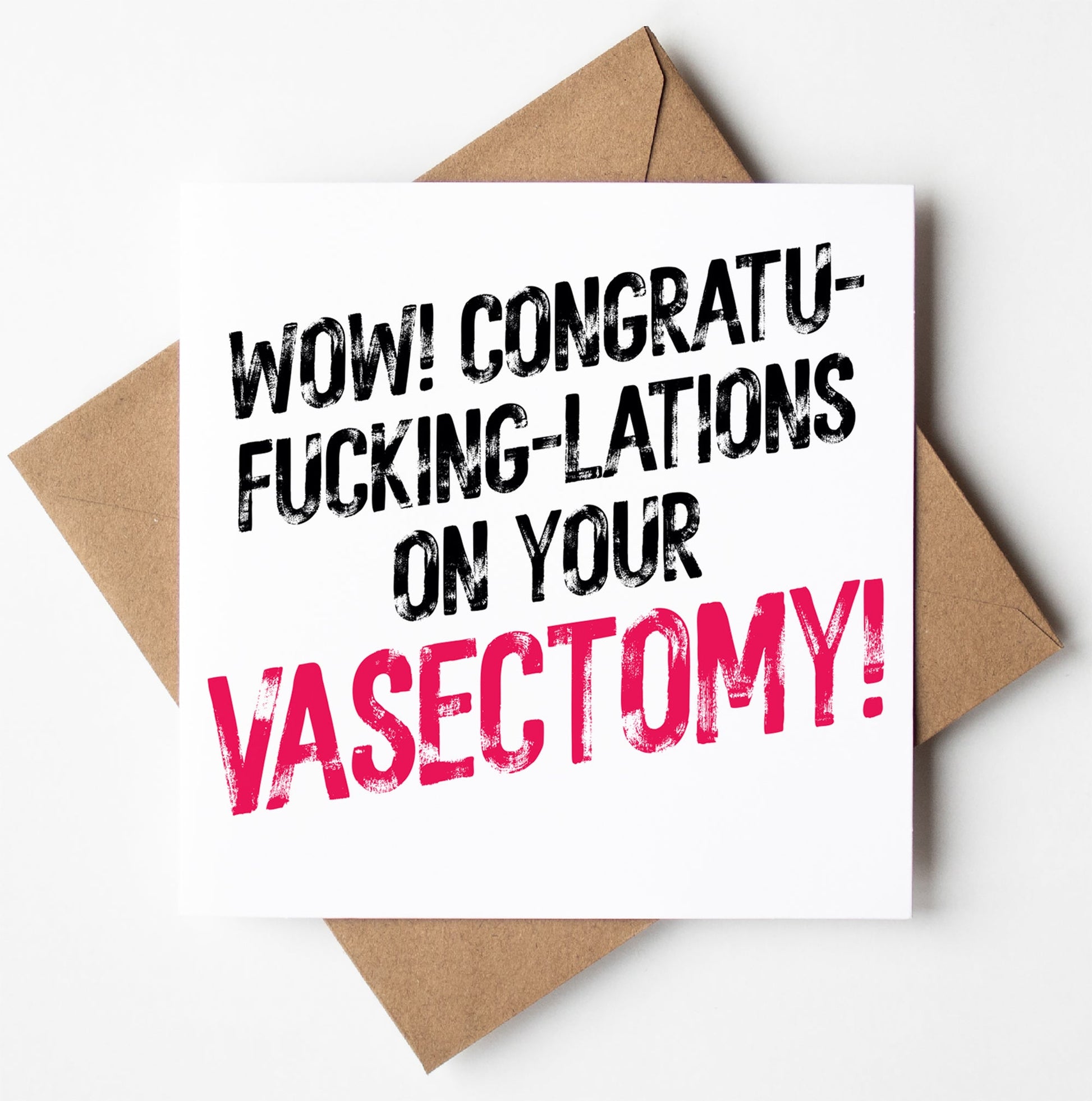 The Harlem Card features bold black and pink text exclaiming, "Congratu-fucking-lations on your vasectomy!" It rests atop a plain brown envelope against a white background.