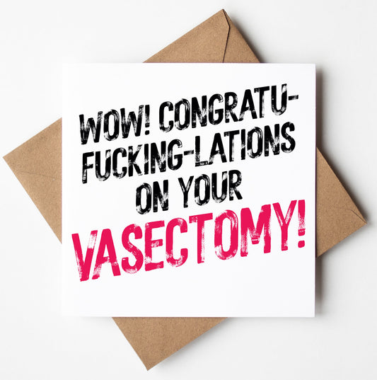 The Harlem Card features bold black and pink text exclaiming, "Congratu-fucking-lations on your vasectomy!" It rests atop a plain brown envelope against a white background.