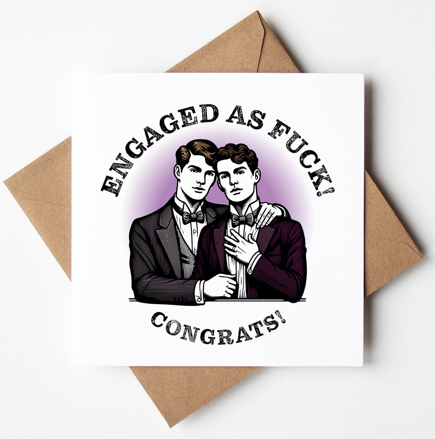 The Engaged As Fuck! Vintage Style Congratulations Card (M/M) features a charming illustration of two men in suits embracing, capturing a delightful retro vibe. The card displays the text "Engaged as Fuck! Congrats!" and is accompanied by a brown envelope.