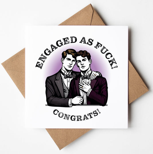 The Engaged As Fuck! Vintage Style Congratulations Card (M/M) features a charming illustration of two men in suits embracing, capturing a delightful retro vibe. The card displays the text "Engaged as Fuck! Congrats!" and is accompanied by a brown envelope.