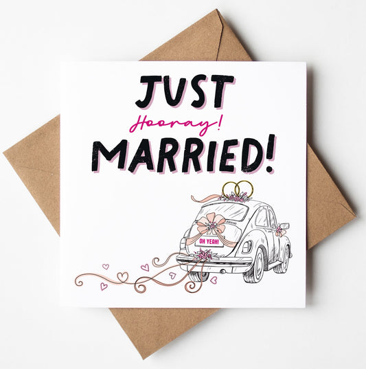 The "Just Married Hooray! Vintage Fiat Wedding Card" features playful, bold fonts with a sketch of a vintage Fiat adorned with hearts and flowers. The bumper reads "Oh Yeah." It comes with a brown envelope.