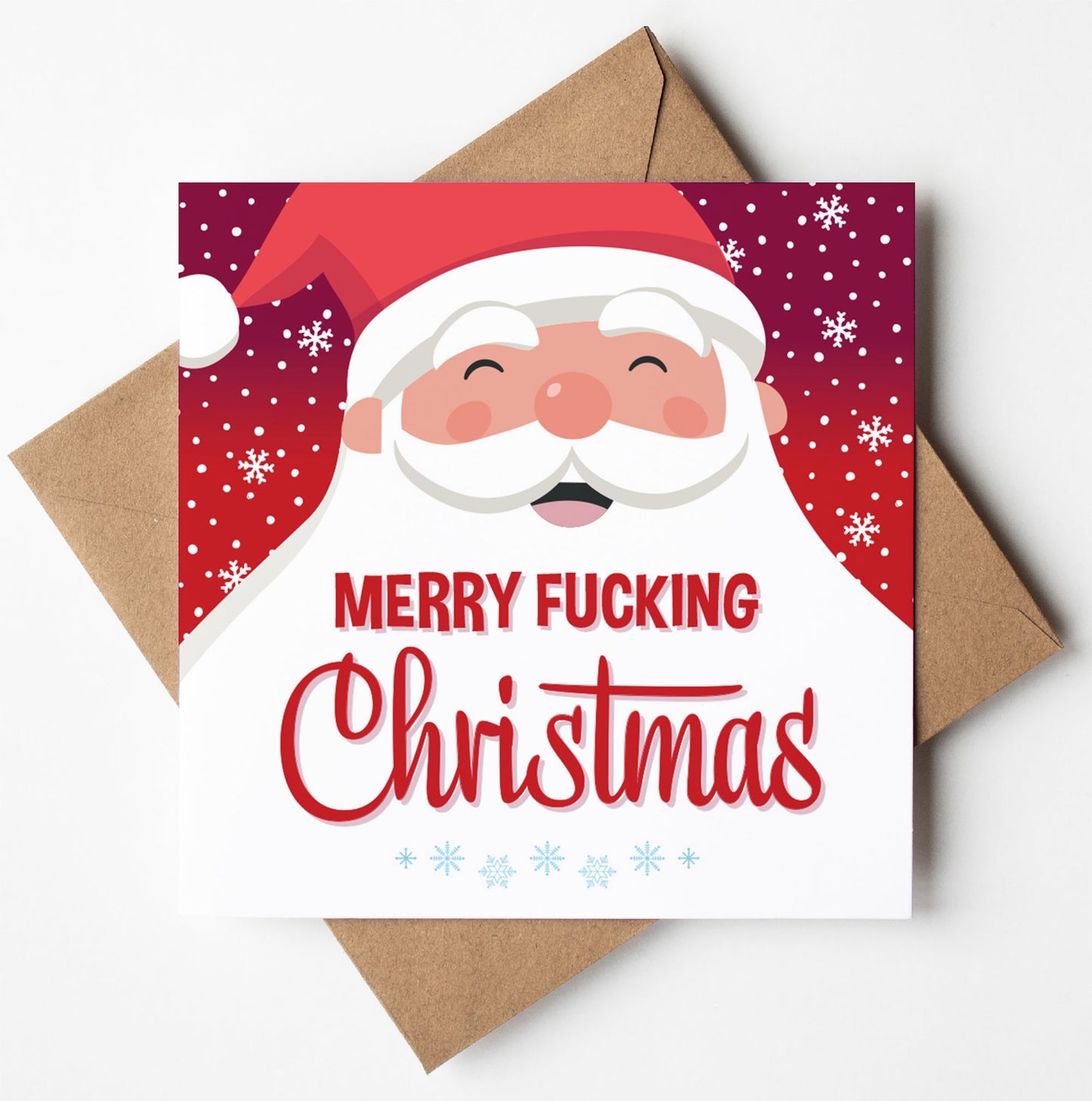 The "Merry Fucking Christmas Card" features a cartoon Santa with a cheeky grin against a red background adorned with snowflakes, and it boasts bold text declaring "Merry Fucking Christmas" in festive lettering. This humorous adult Xmas card comes with a classic brown envelope.