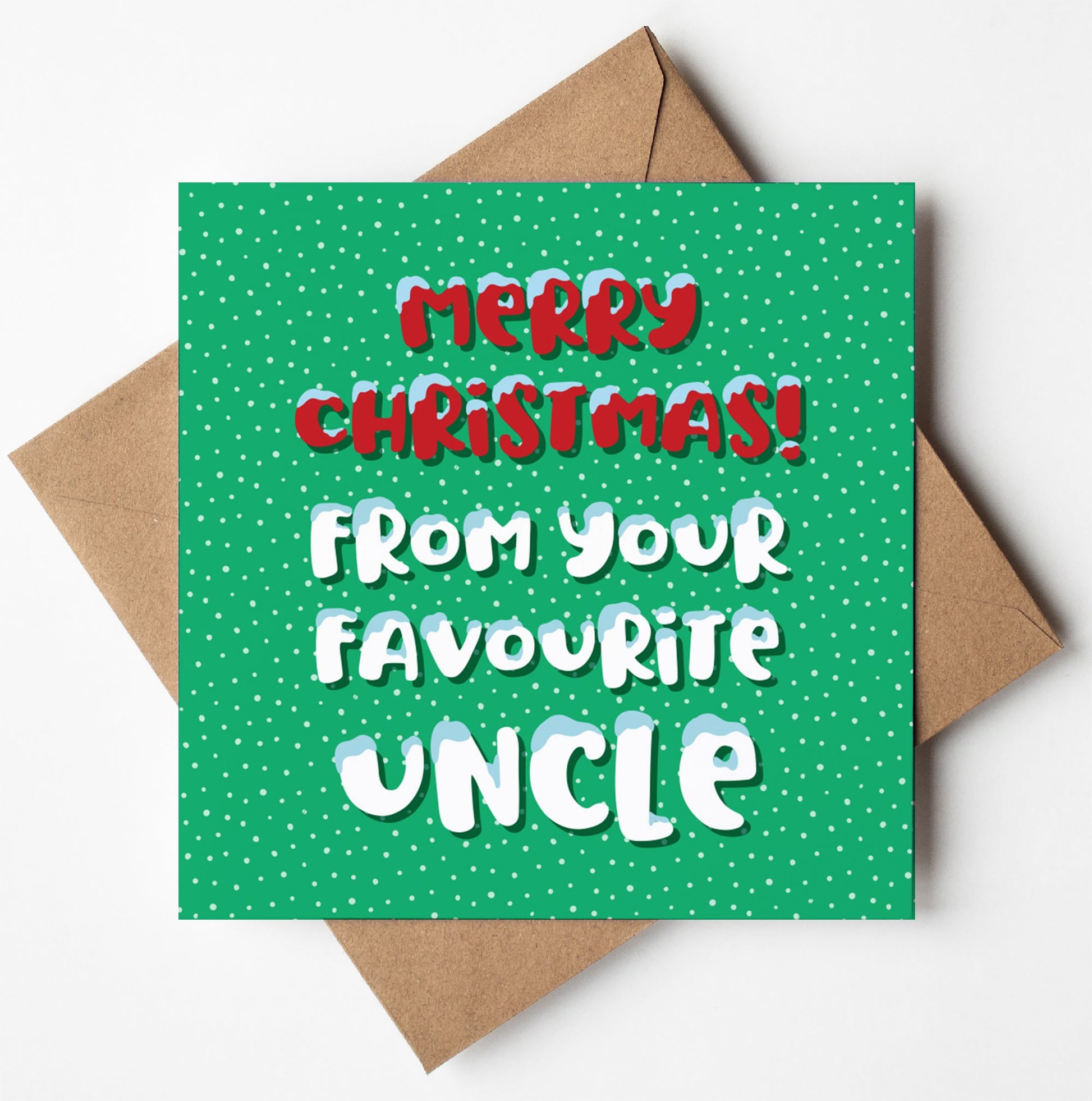 The "Merry Christmas from Your Favourite Uncle Christmas Card" features a lively design with white polka dots on a green background and the joyful message "Merry Christmas! From Your Favourite Uncle" in bold, colorful letters. This festive card comes with a brown envelope, perfect for sending holiday cheer from your beloved uncle.