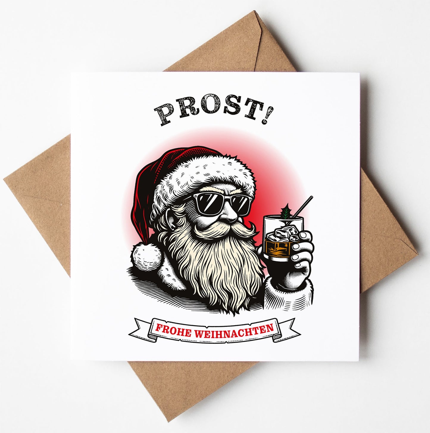 This German Christmas card, titled "Prost! Frohe Weihnachten," features an illustration of Santa wearing sunglasses and holding a glass filled with ice and a drink. The words "PROST!" are prominently displayed above, with "FROHE WEIHNACHTEN" written on a ribbon below. The card is ready for worldwide shipping and comes in a brown biodegradable bag.