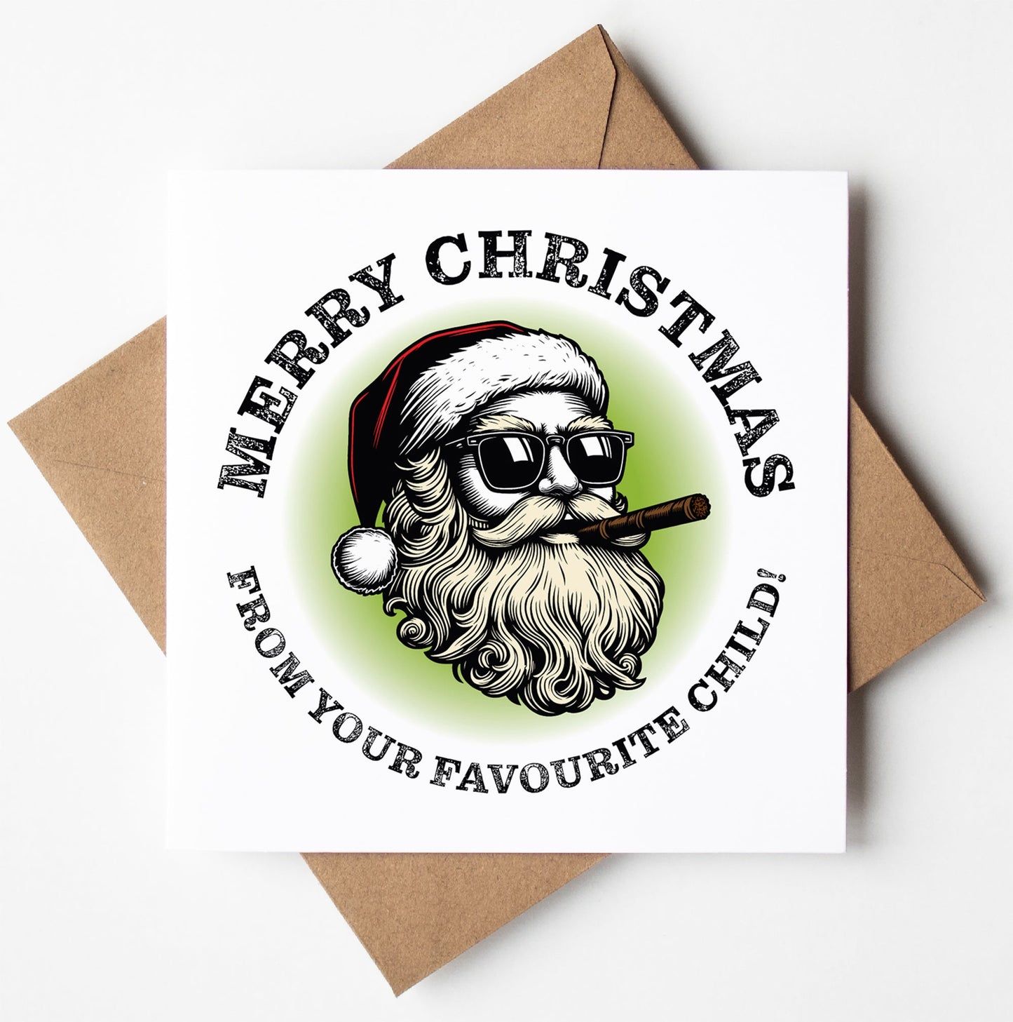 The "Sunglass Santa's Merry Xmas From Your Favourite Child Card" adds a touch of naughty Xmas humor with its depiction of Santa donning sunglasses and smoking a cigar. The cheeky message, "Merry Christmas from your favourite child!" makes it the perfect choice for an adult Christmas card, and it comes paired with a brown envelope to delight that special someone.