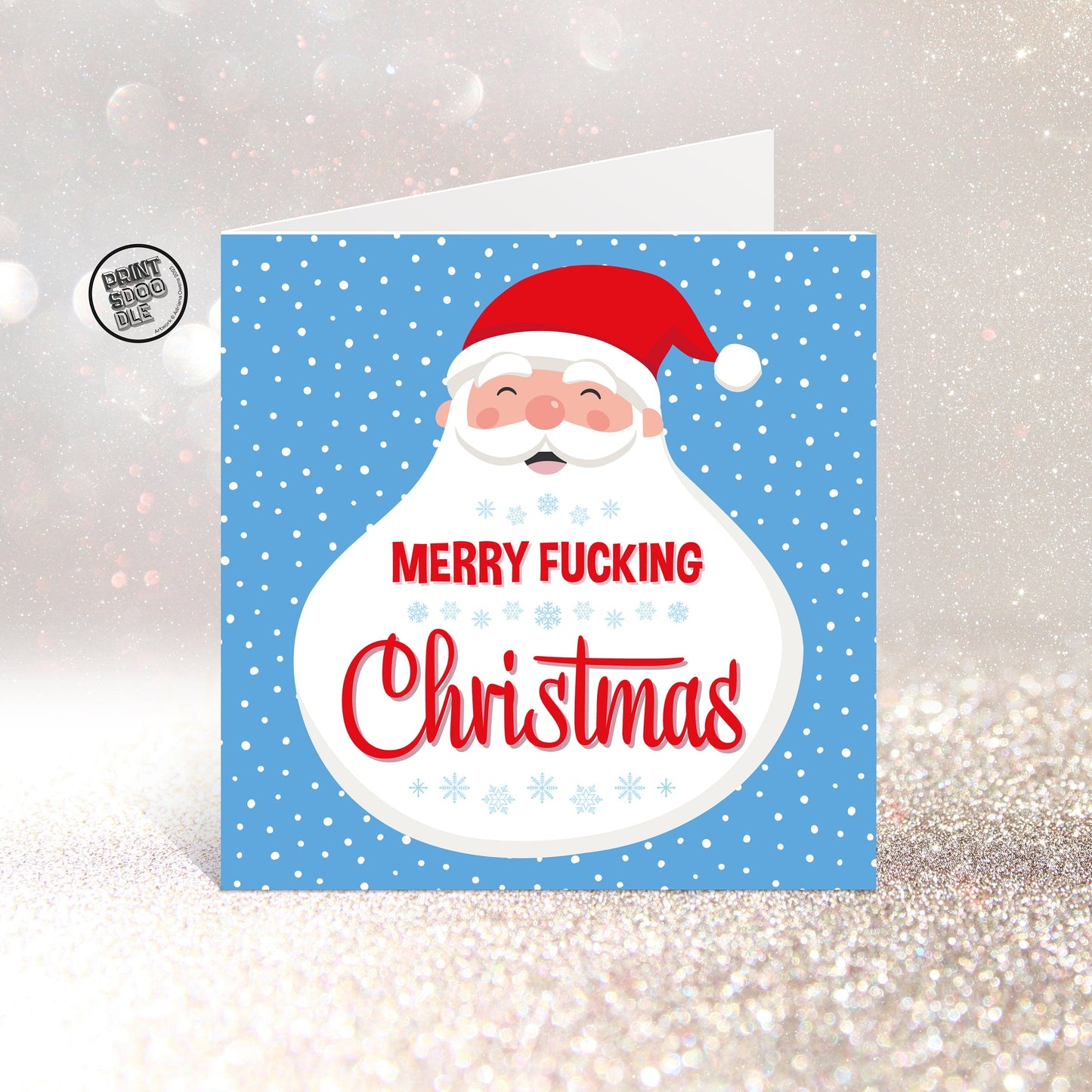 Introducing the "Santa Merry Fucking Christmas Card," featuring a cartoon Santa in a red hat against a blue polka dot background. This card boasts bold red and white text declaring "Merry Fucking Christmas," making it an ideal choice for those who appreciate cheeky holiday humor.
